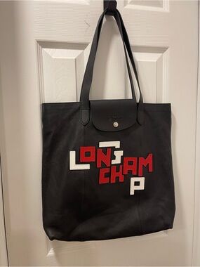 Longchamp Black Leather Tote with Red & White Appliqué Logo